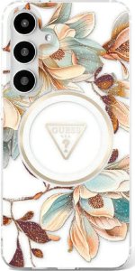 Guess Glitter Flowers Triangle Buttons MagSafe Case for Samsung Galaxy S25 Ultra white 1
