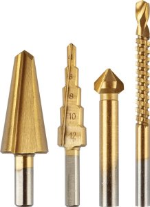 Wiertła stopniowe 4-12 mm, rozwiertak 12,4 mm, frezowiertło 6x90 mm, pogłębiacz stożkowy 8-20 mm,TiN 1