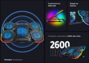 Rampage AD-RC14 X-RANGER Podstawka chłodząca pod laptop 9-17" RGB regulowana 10