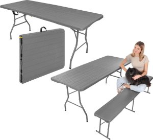 STÓŁ CATERINGOWY SKŁADANY W WALIZKĘ 180x74CM MAX.100KG WOODLAND DESKA CIEMNY SZARY 1