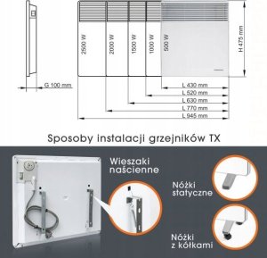 Elektryczny grzejnik konwektorowy TX - 500 W IP20 wym. 400 x 450 x 80 11