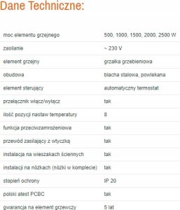 Elektryczny grzejnik konwektorowy TX - 2500 W IP20 wym. 890 x 450 x 80 28