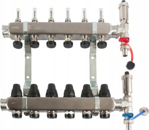 Rozdzielacz ze stali nierdzewnej INOX 3-drogowy z przepływomierzami, zaworami termostatycznymi, zaworami spustowymi i odpowietrznikami automatycznymi 2