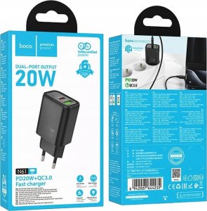 HOCO ładowarka sieciowa USB A + Typ C PD QC3.0 3A 20W N61 czarna 4
