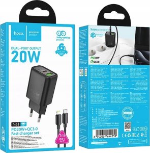 HOCO ładowarka sieciowa USB A + Typ C + kabel Typ C do Typ C PD QC3.0 3A 20W N61 czarna 5