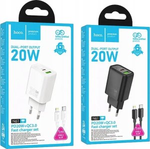 HOCO ładowarka sieciowa USB A + Typ C + kabel Typ C do Typ C PD QC3.0 3A 20W N61 czarna 6
