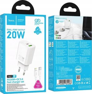 HOCO ładowarka sieciowa USB A + Typ C + kabel Typ C do Lightning PD QC3.0 3A 20W N61 biała 5