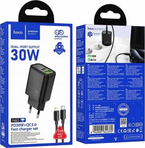 HOCO ładowarka sieciowa USB A + Typ C + kabel Typ C do Lightning PD QC3.0 3A 30W N63 czarna 5