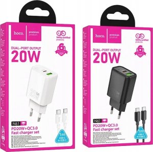 HOCO ładowarka sieciowa USB A + Typ C + kabel Typ C do Typ C PD QC3.0 3A 20W N61 biała 5