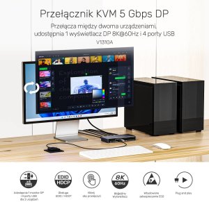 Unitek Przełącznik KVM 8K@60Hz USB 3.0 5Gbps DP 5