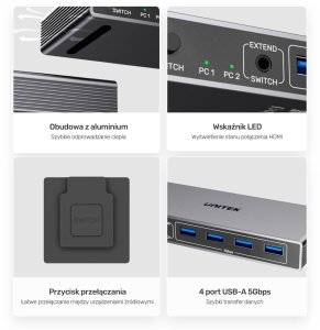 Unitek Przełącznik KVM 8K@60Hz USB 3.0 5Gbps DP 9