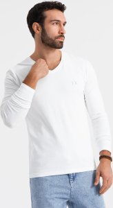 Męski longsleeve V-neck SLIM FIT z elastanem i printem  biały V2 OM-LSBC-0123 S 1