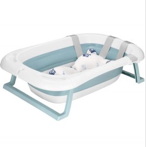 Wanienka dla dzieci składana 35 L dla niemowląt, z termometrem i poduszką biało-niebieska UNIWERSALNY 16