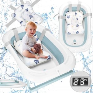 Wanienka dla dzieci składana 35 L dla niemowląt, z termometrem i poduszką biało-niebieska UNIWERSALNY 2