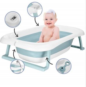 Wanienka dla dzieci składana 35 L dla niemowląt, z termometrem i poduszką biało-niebieska UNIWERSALNY 30