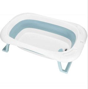 Wanienka dla dzieci składana 35 L dla niemowląt, z termometrem i poduszką biało-niebieska UNIWERSALNY 10