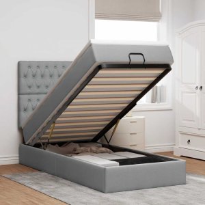 Łóżko Ottoman z materacem i LED, jasnoszary, 90x200 cm, tkanina 1