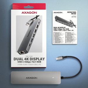 ML AXAGON HMC-7HX2 Wieloportovy hub USB 7in1, 5Gbps, 2x USB-A, 1x USB-C, 2x HDMI 4K/60Hz, GLAN, PD 100W, 15cm USB-C kabel 15