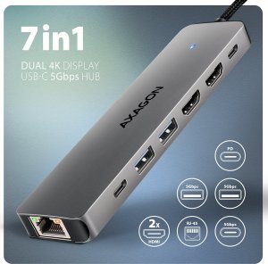 ML AXAGON HMC-7HX2 Wieloportovy hub USB 7in1, 5Gbps, 2x USB-A, 1x USB-C, 2x HDMI 4K/60Hz, GLAN, PD 100W, 15cm USB-C kabel 3