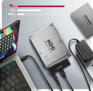 axagon ADSA-FPX Adapter USB-C 10Gbps SATA 6G 2.5'/3.5' SSD/HDD FASTPORT X, w tym zasilacz, 60cm USB-C/USB-A kabel 1