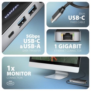 HUB USB Axagon HMC-6GLN 1x RJ-45 1x USB-C 1x USB-C PD 1x HDMI  + 2x USB-A 3.0 3.1 Gen1 (HMC-6GLN) 3