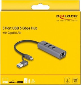 DeLOCK 3 Port USB 5 Gbps Hub + Gigabit LAN with USB Type-C, Docking Station (grey) 1