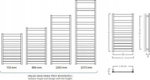 Grzejnik drabinkowy BELTI 500X896, 369W, podłączenie dolne, rozstaw=470mm, kolor: czarny mat (c31) 2