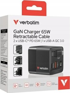 Verbatim Gan Charger 65W 2xUSB-C PD,1xUSB-A, retrac. Cable  32217 5
