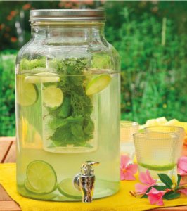 Szklany dozownik do napojów z kranikiem i wkładem na owoce FUZY, 6 l 2