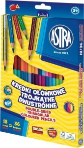 Kredki ołówkowe trójkątne dwustronne ASTRA 18=36 kolorów z temperówką 1