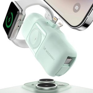 Mini powerbank Wozinsky WF16-YLS 5000mAh 15W Lightning z wbudowanym kablem USB-C i ładowarką do Apple Watch - zielony 3