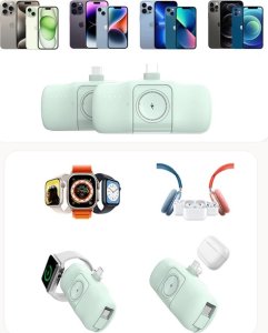 Mini powerbank Wozinsky WF16-YLS 5000mAh 15W Lightning z wbudowanym kablem USB-C i ładowarką do Apple Watch - zielony 8