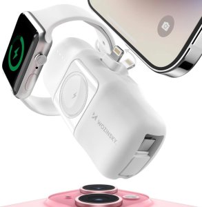 Mini powerbank Wozinsky WF16-YLS 5000mAh 15W Lightning z wbudowanym kablem USB-C i ładowarką do Apple Watch - biały 5