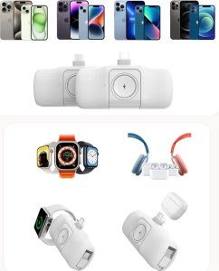 Mini powerbank Wozinsky WF16-YLS 5000mAh 15W Lightning z wbudowanym kablem USB-C i ładowarką do Apple Watch - biały 7