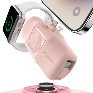 Mini powerbank Wozinsky WF16-YLS 5000mAh 15W Lightning z wbudowanym kablem USB-C i ładowarką do Apple Watch - różowy 3