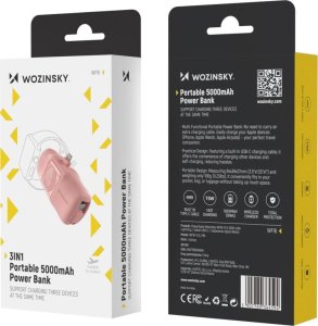 Mini powerbank Wozinsky WF16-YLS 5000mAh 15W Lightning z wbudowanym kablem USB-C i ładowarką do Apple Watch - różowy 5