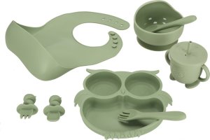BigJigs Naczynia silikonowe dla dzieci zestaw 8 elementów sowa militarny zielony 11
