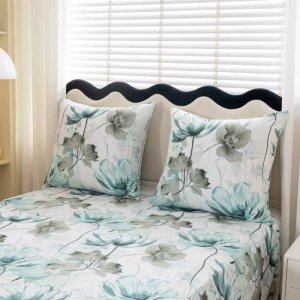 Pościel 220x200 bawełna satynowa dwustronna Cotton World gruba 3 części AML 3054 biała kwiaty szaro-niebieskie 7