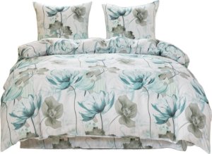 Pościel 220x200 bawełna satynowa dwustronna Cotton World gruba 3 części AML 3054 biała kwiaty szaro-niebieskie 8