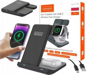 Ładowarka Bezprzewodowa 3w1 USB-C Indukcyjna do Telefonu Smartfona Zegarka Watch Słuchawek TWS Airpods Buds Zenwire X12 1