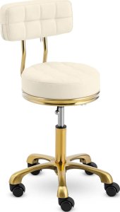 Krzesło taboret hoker kosmetyczny z oparciem na kółkach do 150 kg GELA beżowo złoty Krzesło taboret hoker kosmetyczny z oparciem na kółkach do 150 kg GELA beżowo złoty 2