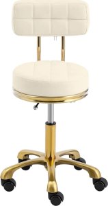 Krzesło taboret hoker kosmetyczny z oparciem na kółkach do 150 kg GELA beżowo złoty Krzesło taboret hoker kosmetyczny z oparciem na kółkach do 150 kg GELA beżowo złoty 5