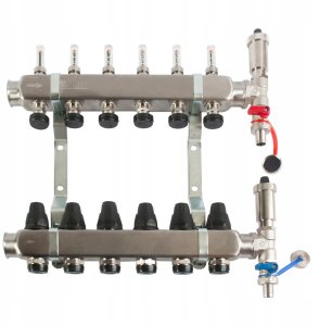 Rozdzielacz ze stali nierdzewnej INOX 13-drogowy z przepływomierzami, zaworami termostatycznymi, zaworami spustowymi i odpowietrznikami automatycznymi 2