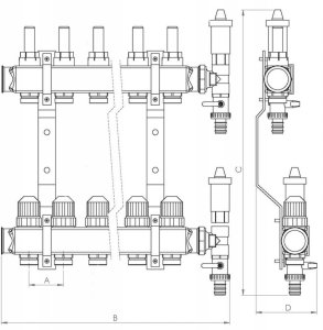 Rozdzielacz ze stali nierdzewnej INOX 13-drogowy z przepływomierzami, zaworami termostatycznymi, zaworami spustowymi i odpowietrznikami automatycznymi 3