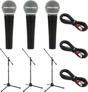 ZESTAW 3 Mikrofony Shure SM58 Dynamiczne Wokalne+ Statywy i Kable XLR 10 m 1