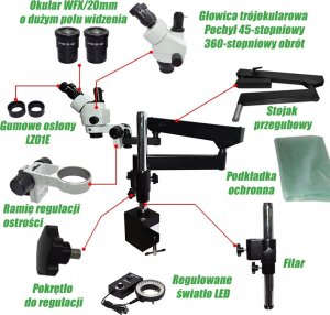 Mikroskop Stereoskopowy 22H na Ramieniu 7-45x Oświetlenie Barlow Kamera 8MP 5