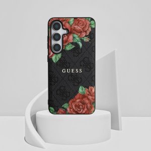 Guess Leather 4G Flowers Print Metal Classic Logo MagSafe Samsung Galaxy S25 case black 11