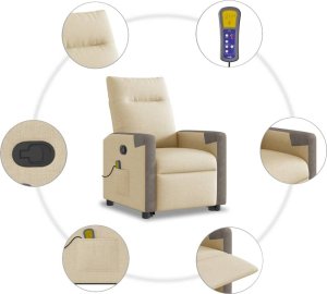 vidaXL Podnoszony fotel masujący, rozkładany, kremowy, obity tkaniną 10
