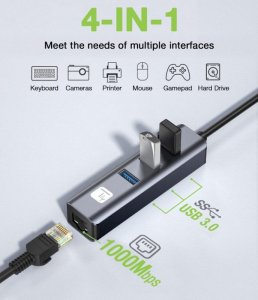 Adapter Techly Karta Sieciowa USB-C 3.1 na RJ45 Gigabit z Hubem 3x USB 3.0 2