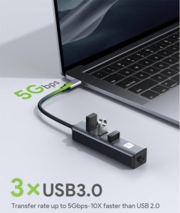 Adapter Techly Karta Sieciowa USB-C 3.1 na RJ45 Gigabit z Hubem 3x USB 3.0 3